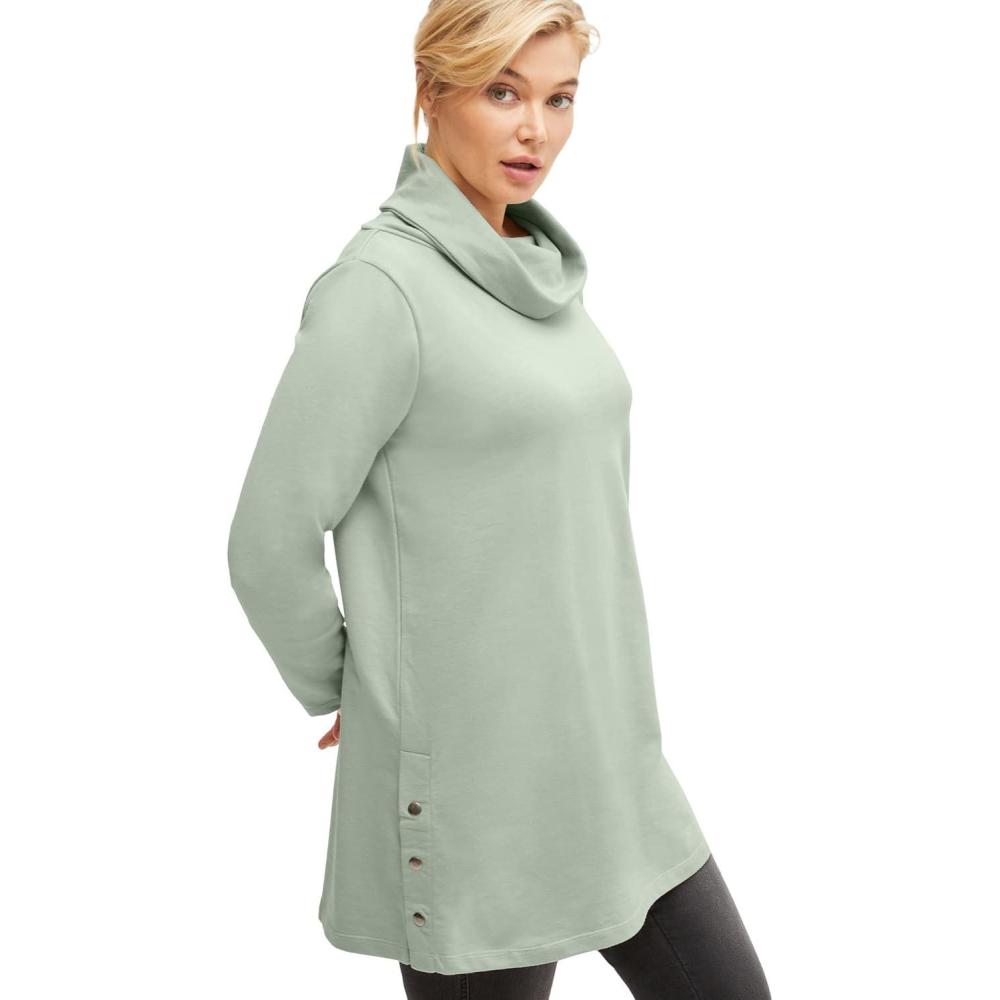 imageellos Plus Size Side Snap Cowl Neck French Terry Sweatshirt TunicDesert Sage
