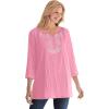 Woman Within Plus Size Embroidered Crinkle Tunic(Delicate Pink Rose Embroidery)
