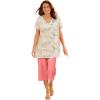 Woman Within Plus Size Perfect Printed Short-Sleeve Shirred V-Neck Tunic(Natural Khaki Orchids)
