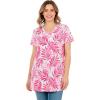 Woman Within Plus Size Perfect Printed Short-Sleeve Shirred V-Neck Tunic(Raspberry Palm Leaves)