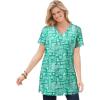 Woman Within Plus Size Perfect Printed Short-Sleeve Shirred V-Neck Tunic(Tropical Green Island Stamp)
