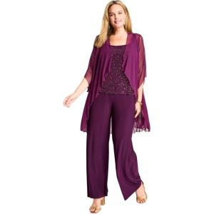 Woman Within Plus Size 3-Piece Pant Set With Beaded Tank(Eggplant)