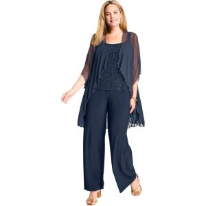 Woman Within Plus Size 3-Piece Pant Set With Beaded Tank(Navy)