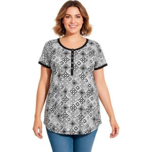 Woman Within Plus Size Knit Henley Tunic(Black Tile Patchwork)