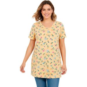 Woman Within Plus Size Perfect Printed Short-Sleeve Shirred V-Neck Tunic(Banana Tulip Flowers)