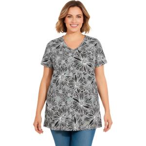Woman Within Plus Size Perfect Printed Short-Sleeve Shirred V-Neck Tunic(Black Sketch Floral)