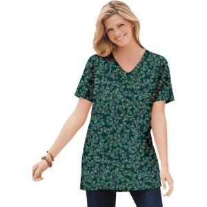 Woman Within Plus Size Perfect Printed Short-Sleeve Shirred V-Neck Tunic(Emerald Green Leaf Print)