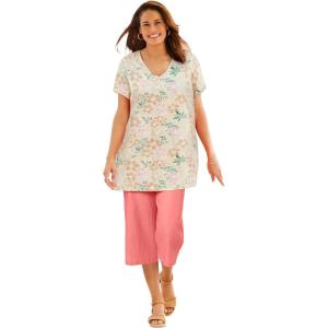 Woman Within Plus Size Perfect Printed Short-Sleeve Shirred V-Neck Tunic(Natural Khaki Orchids)