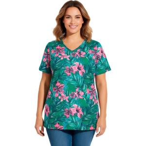 Woman Within Plus Size Perfect Printed Short-Sleeve V-Neck Tee(Emerald Tropical Bloom)