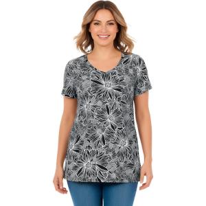 Woman Within Plus Size Perfect Printed Short-Sleeve V-Neck Tunic(Black Sketch Floral)