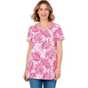 Woman Within Plus Size Perfect Printed Short-Sleeve V-Neck Tunic(Raspberry Palm Leaves)