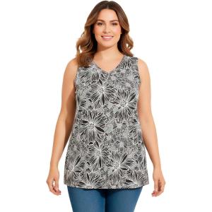Woman Within Plus Size Perfect Printed Sleeveless Shirred V-Neck Tunic(Black Sketch Floral)