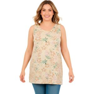 Woman Within Plus Size Perfect Printed Sleeveless Shirred V-Neck Tunic(Natural Khaki Orchids)