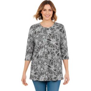 Woman Within Plus Size Perfect Printed Three-Quarter-Sleeve Scoopneck Tunic(Black Sketch Floral)