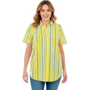 Woman Within Plus Size Perfect Short Sleeve Button-Down Shirt Oversized Tunic Blouse(Primrose Yellow Sunny Stripe)
