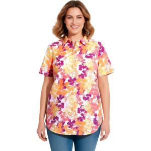 Woman Within Plus Size Perfect Short Sleeve Button-Down Shirt Oversized Tunic Blouse(Sunshine Pop Floral)