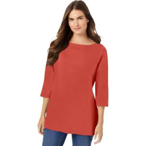 Woman Within Plus Size Perfect Three-Quarter Sleeve Boatneck Tee(Burnt Red)
