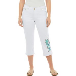 Woman Within Plus Size Petite Stretch Denim Five-Pocket Capri Jeans(White Pastel Floral Embroidery)