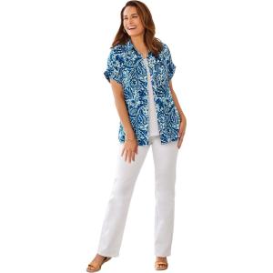 Woman Within Plus Size Relaxed Campshirt(White Blue Batik)