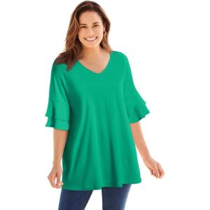 Woman Within Plus Size Ruffled Elbow-Sleeve Tunic(Tropical Emerald)