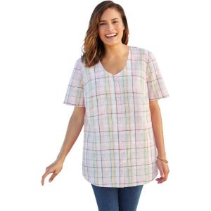 Woman Within Plus Size Seersucker Baseball Shirt(Pink Plaid)