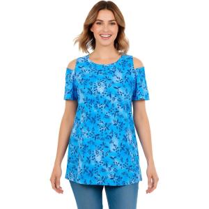 Woman Within Plus Size Short-Sleeve Cold-Shoulder Tee(Azure Twilight Garden)