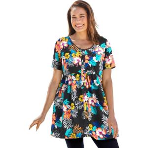 Woman Within Plus Size Short-Sleeve Empire Waist Tunic(Black Hibiscus Tropicana)
