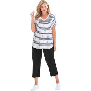 Woman Within Plus Size Two-Piece V-Neck Tunic & Capri Set(Black Nautical)