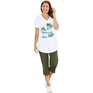 Woman Within Plus Size Two-Piece V-Neck Tunic & Capri Set(Dark Olive Green Palms)