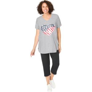 Woman Within Plus Size Two-Piece V-Neck Tunic & Capri Set(Heather Grey Americana Heart)