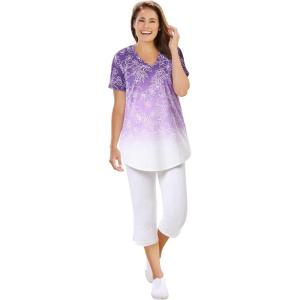 Woman Within Plus Size Two-Piece V-Neck Tunic & Capri Set(Radiant Purple Ombre Flowers)