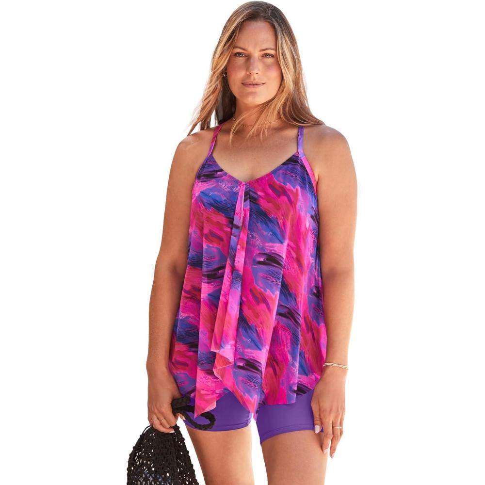 imageSwimsuits For All Swim 365 Womens Plus Size LongerLength Draped Mesh Racerback Tankini TopSunset Brushstroke