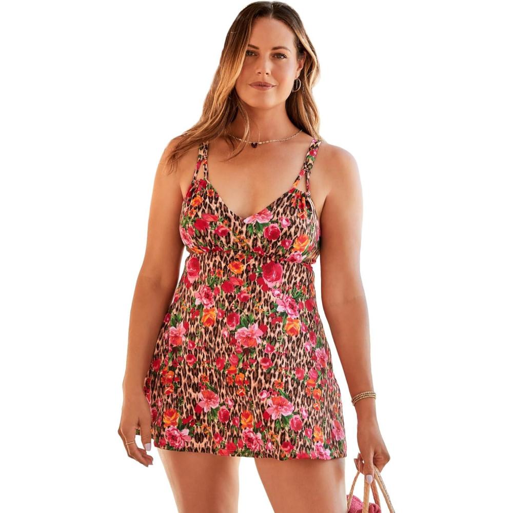 imageSwimsuits For All Swim 365 Womens Plus Size LoopStrap VNeck Tummy Control TwoPiece Swim DressRose Bloom Leopard