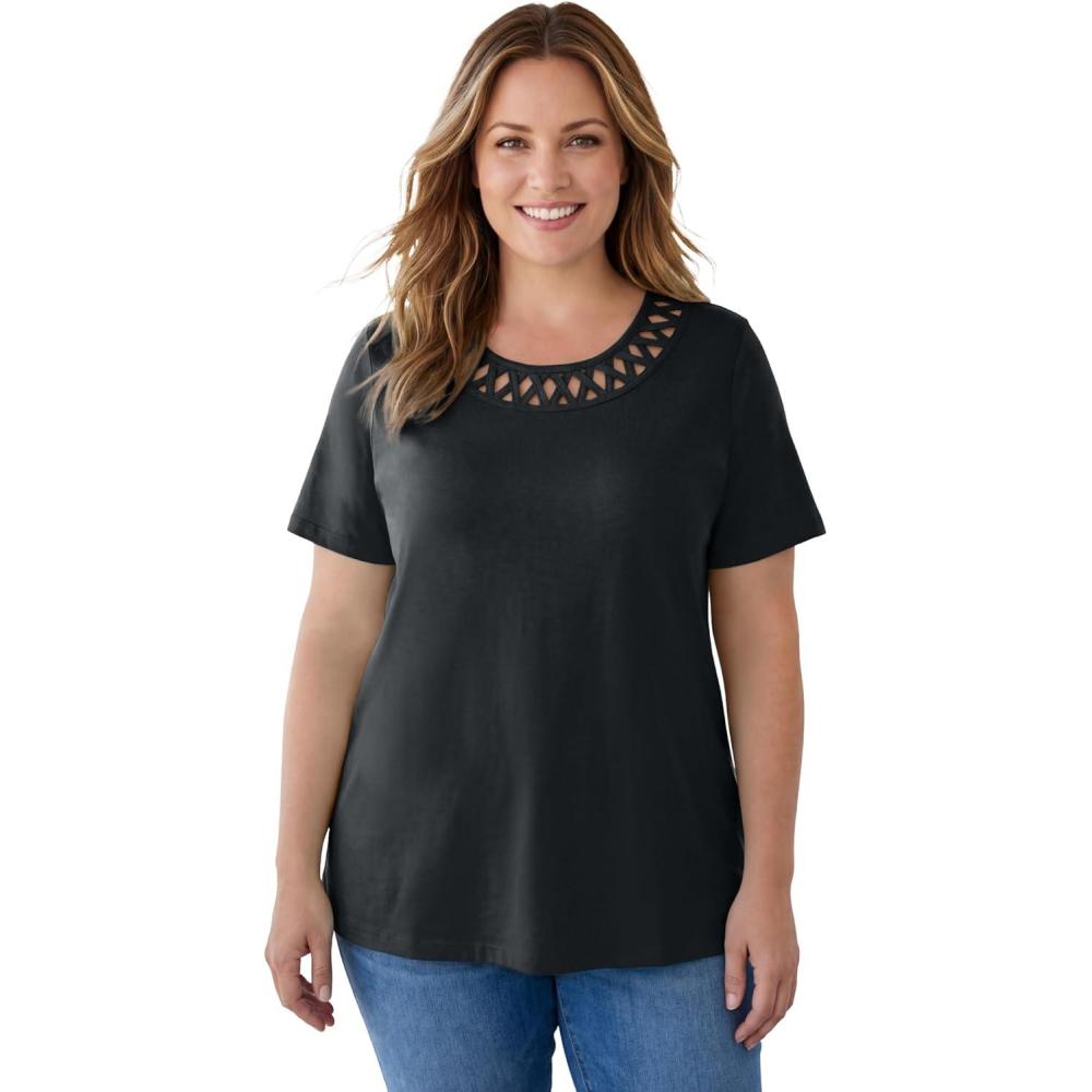 imageWoman Within Plus Size Lattice Neck Tee  3X Black