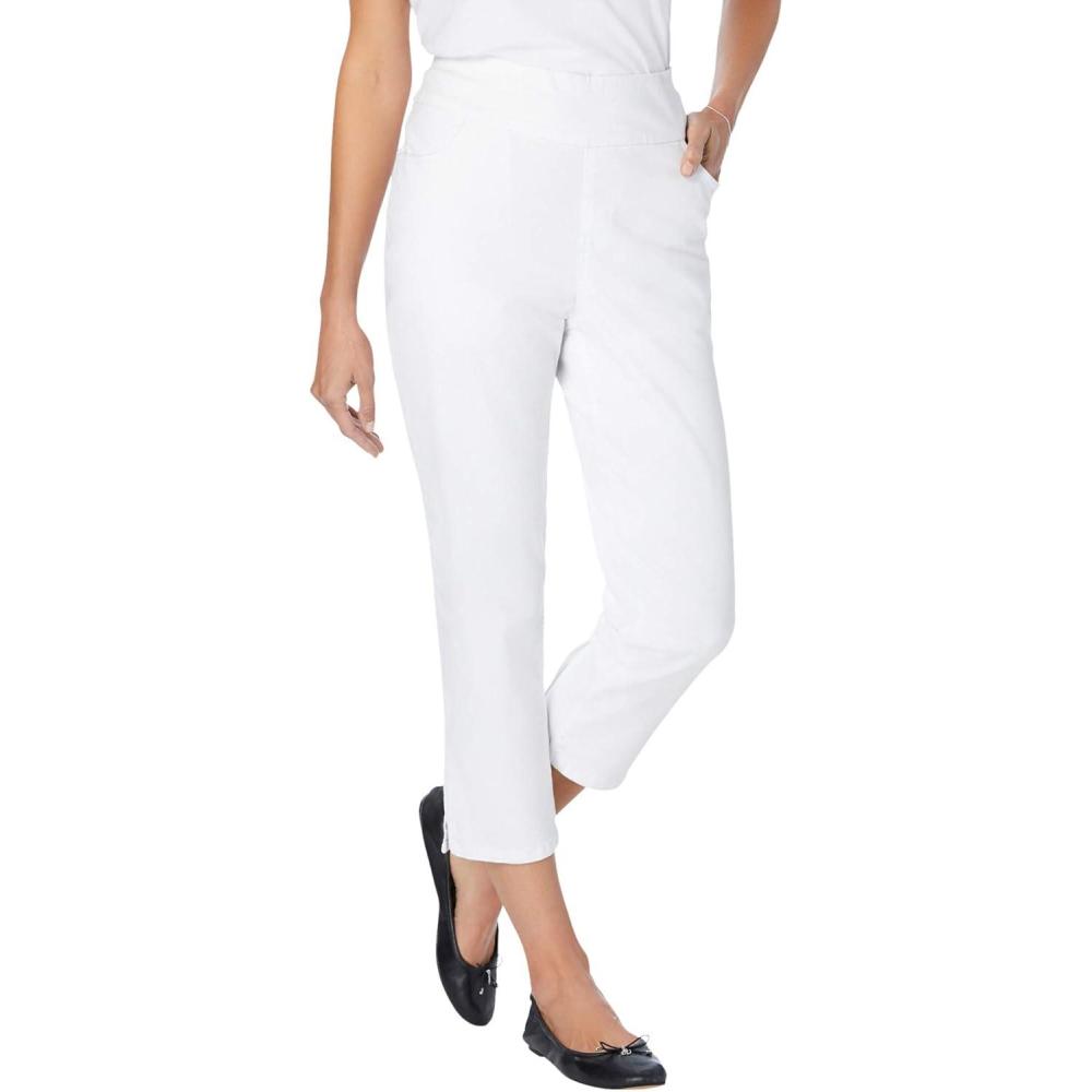 imageWoman Within Plus Size PullOn Flex ElasticWaist Stretch Denim Capri JeansWhite