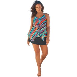 Swimsuits For All Swim 365 Women’s Plus Size Longer-Length Draped Mesh Racerback Tankini Top(Yellow Painterly Stripes)