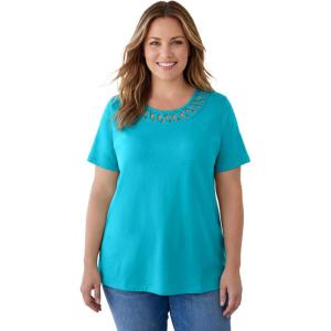 Woman Within Plus Size Lattice Neck Tee – 2X, Pretty Turquoise