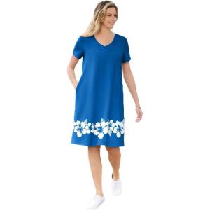 Woman Within Plus Size Perfect Short-Sleeve V-Neck Tee Dress(Bright Cobalt Hibiscus)
