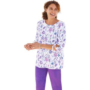 Woman Within Plus Size Perfect Three-Quarter Tie-Sleeve Tee(White Jacquard Floral)