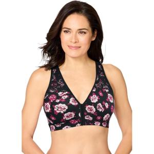 Catherines Women’s Plus Size Wireless Front-Close Cotton Comfort Bra(Black Rose Floral)
