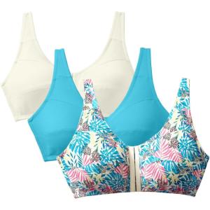Comfort Choice Women’s Plus Size 3-Pack Front-Close Cotton Wireless Bra(Tropical Assorted)