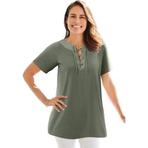 Woman Within Plus Size Lace-Up Knit Tee(Olive Green)