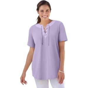 Woman Within Plus Size Lace-Up Knit Tee(Pale Lilac)