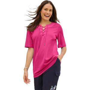 Woman Within Plus Size Lace-Up Knit Tee(Raspberry Sorbet)