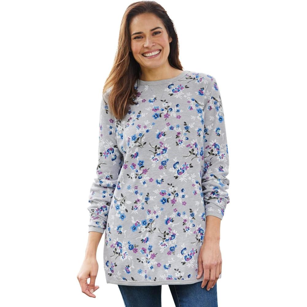 imageWoman Within Plus Size LongSleeve Crewneck Soft Waffle Knit Thermal ShirtHeather Grey Multi Delicate Floral