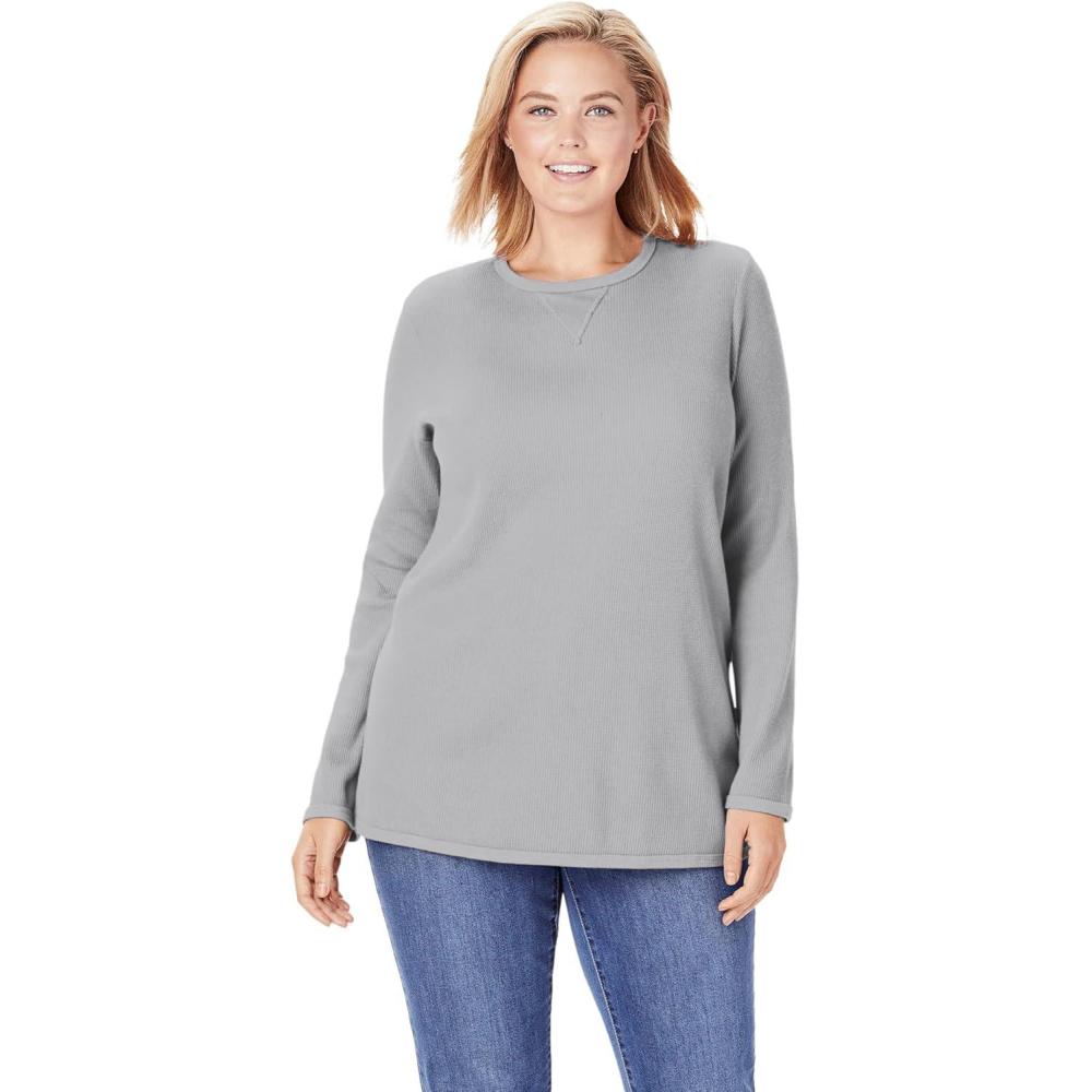 imageWoman Within Plus Size LongSleeve Crewneck Soft Waffle Knit Thermal ShirtMedium Heather Grey