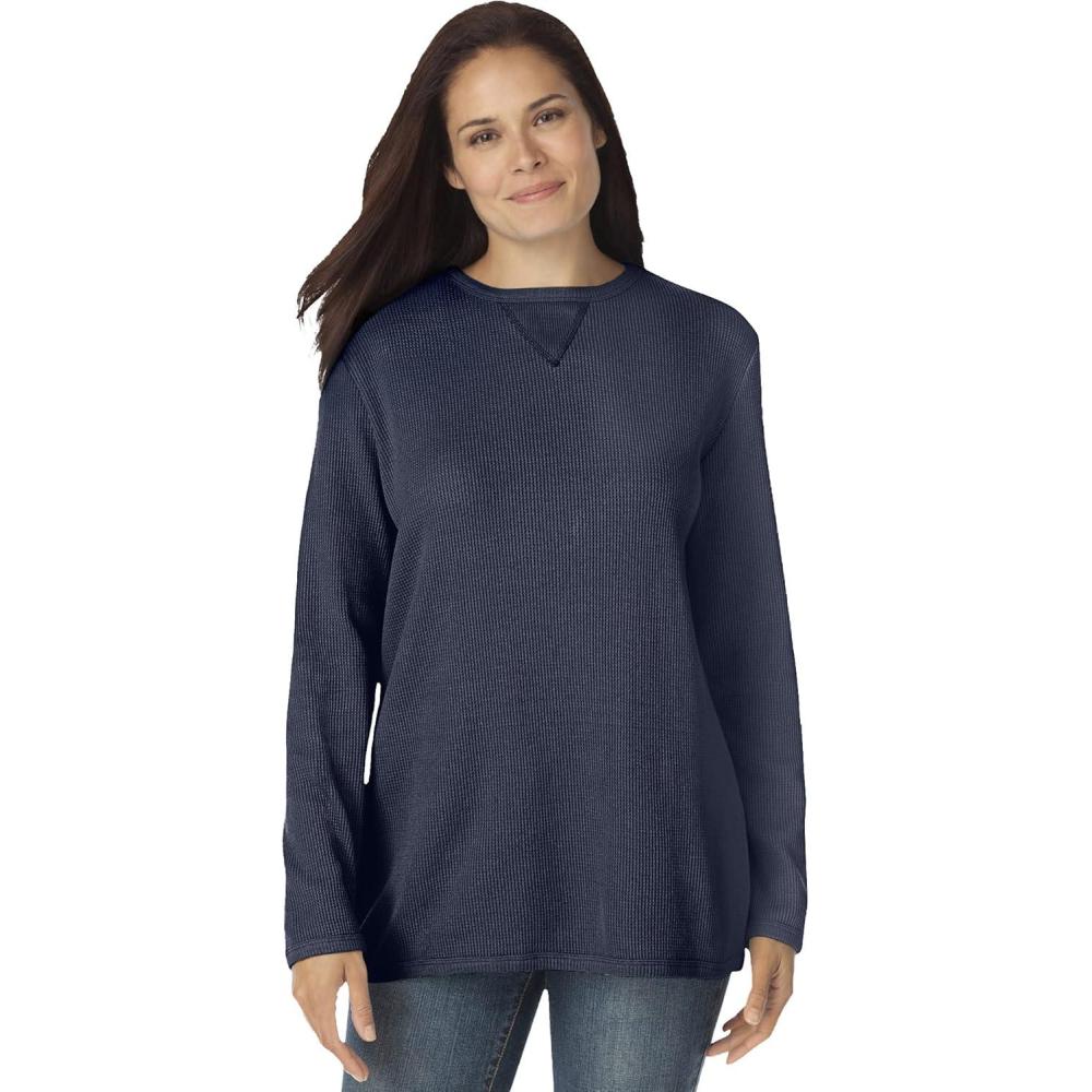 imageWoman Within Plus Size LongSleeve Crewneck Soft Waffle Knit Thermal ShirtNavy