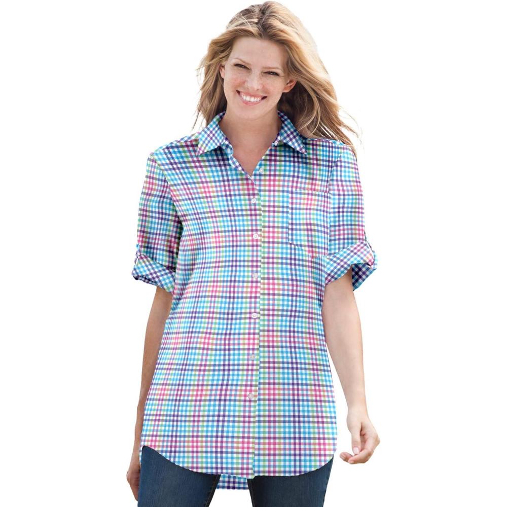 imageWoman Within Plus Size Petite ShortSleeve ButtonDown Cotton Seersucker ShirtPetal Purple Multi Plaid