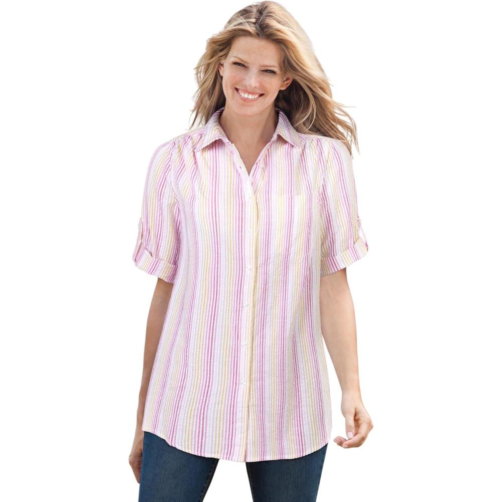imageWoman Within Plus Size Petite ShortSleeve ButtonDown Cotton Seersucker ShirtRose Pink Rainbow Stripe