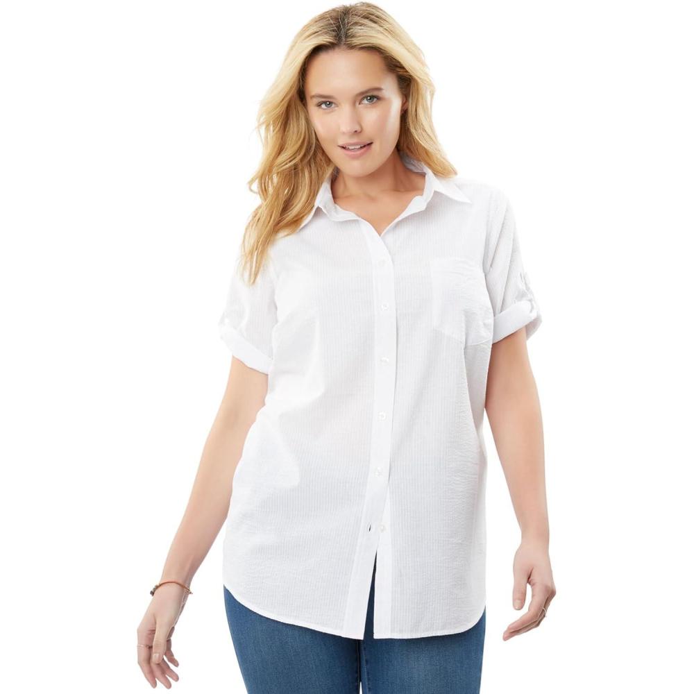 imageWoman Within Plus Size Petite ShortSleeve ButtonDown Cotton Seersucker ShirtWhite